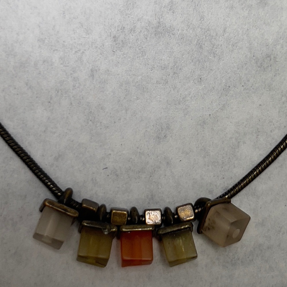 17" Bronze Tone Snake Chain Necklace Faceted Cube Beads Orange Green Clear